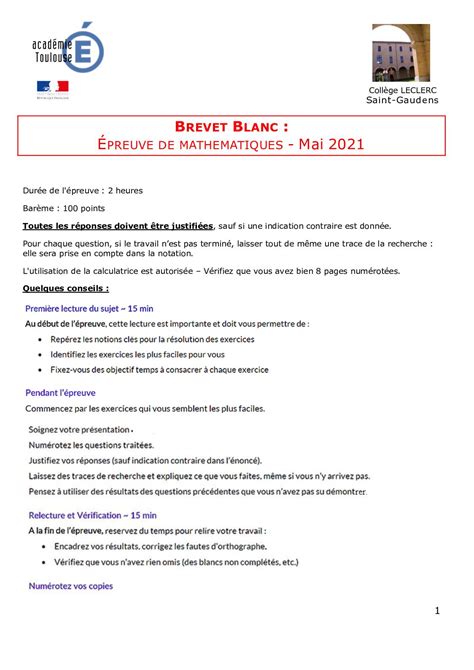 Brevet Blanc 2021 Maths : Corrigé le site du collège de Heiligenstein - Correction du Brevet Blanc math n°1 -  2021